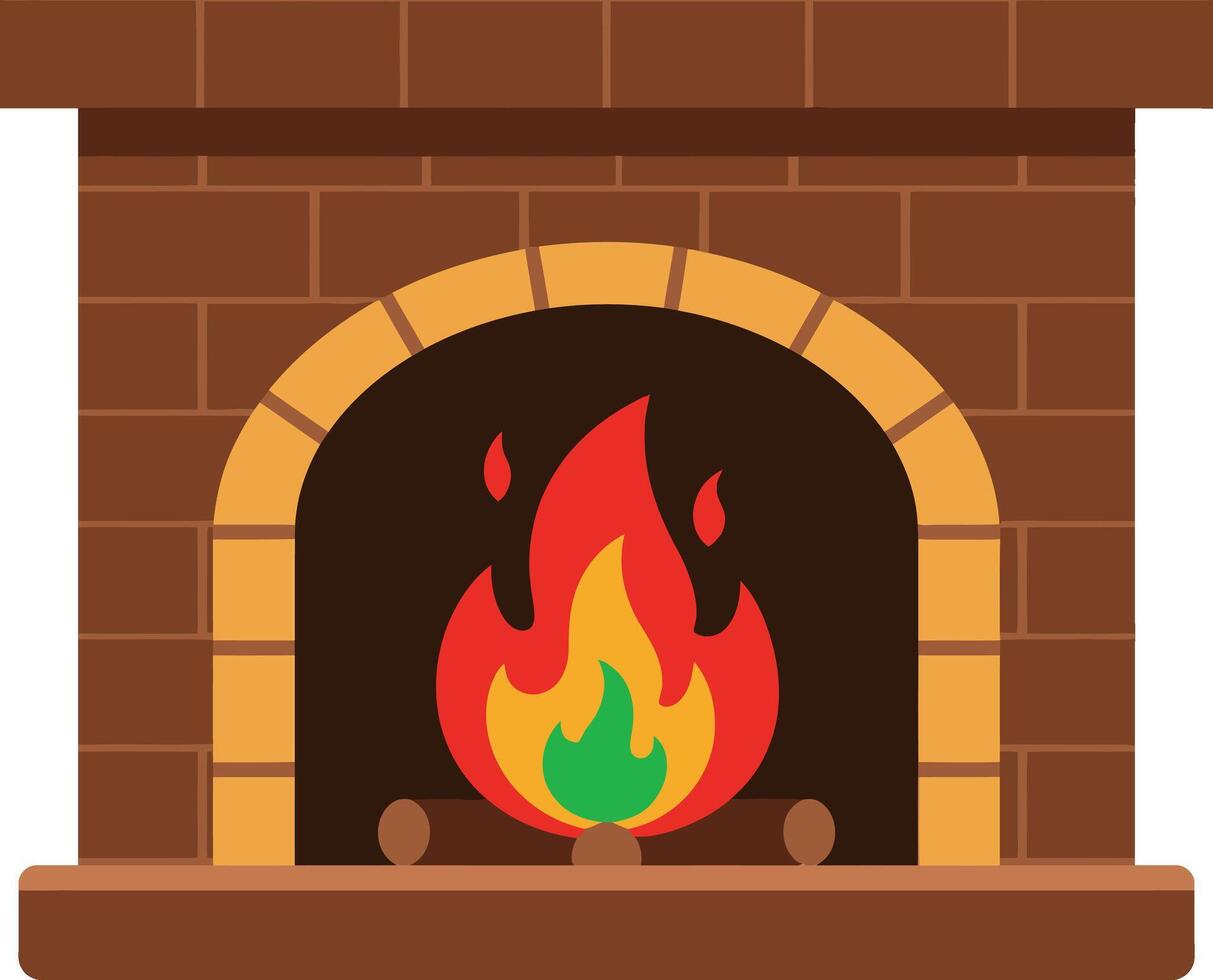 Brick fireplace with burning fire illustration showing warm cozy indoor heat source for home decoration and comfort vector
