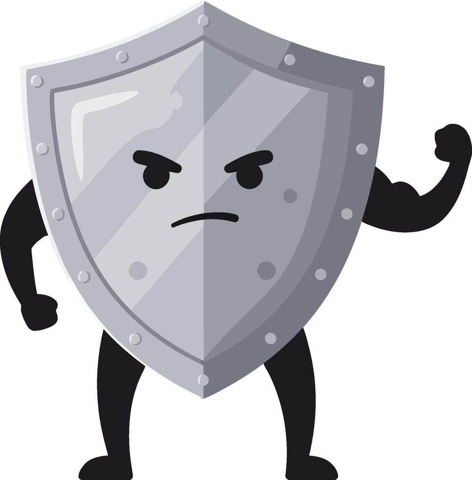 Shield character with angry face and muscular arms protecting defense concept illustration vector