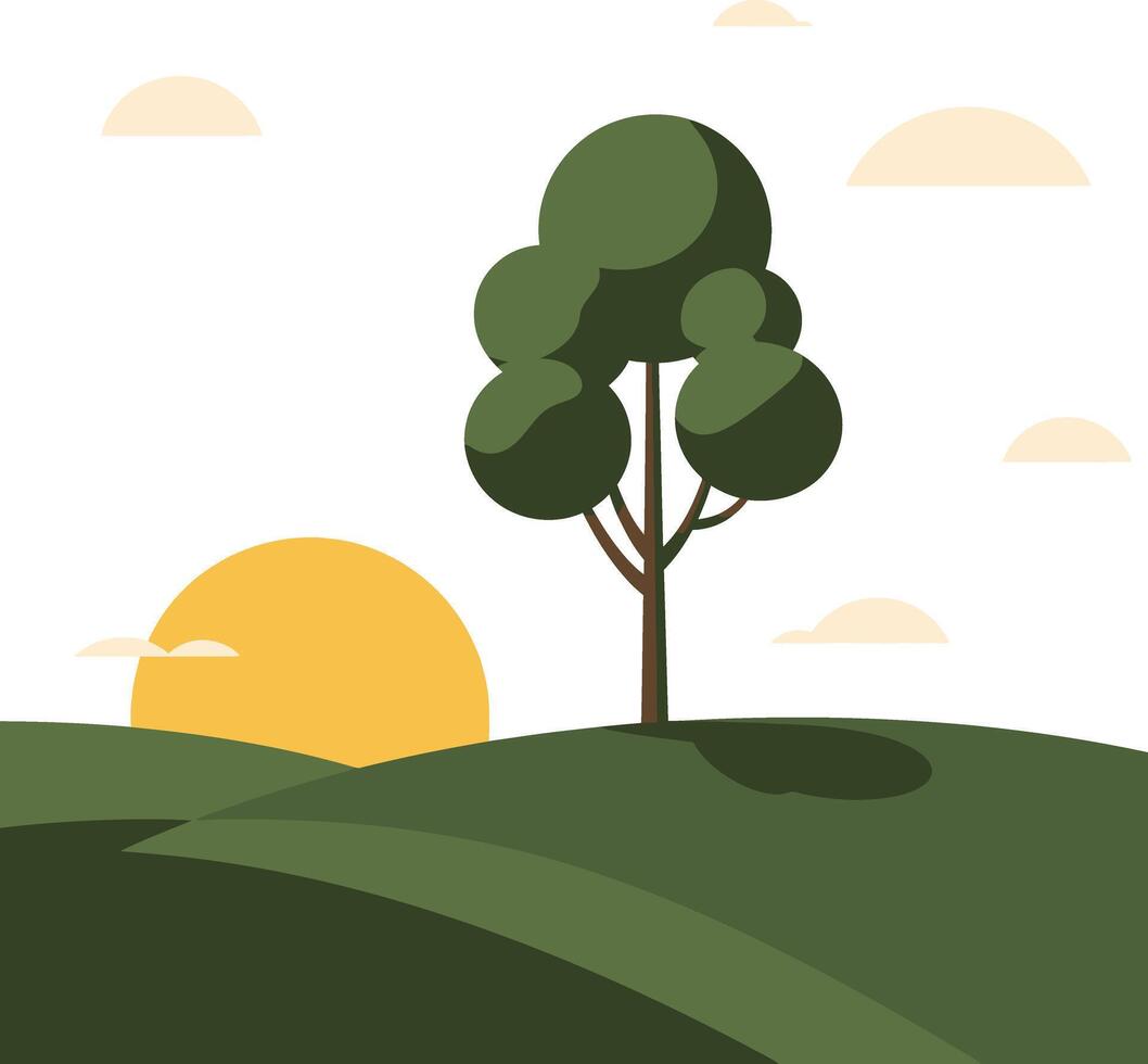 Tree standing on green hills with orange sun and light beige clouds in minimalist nature landscape illustration vector