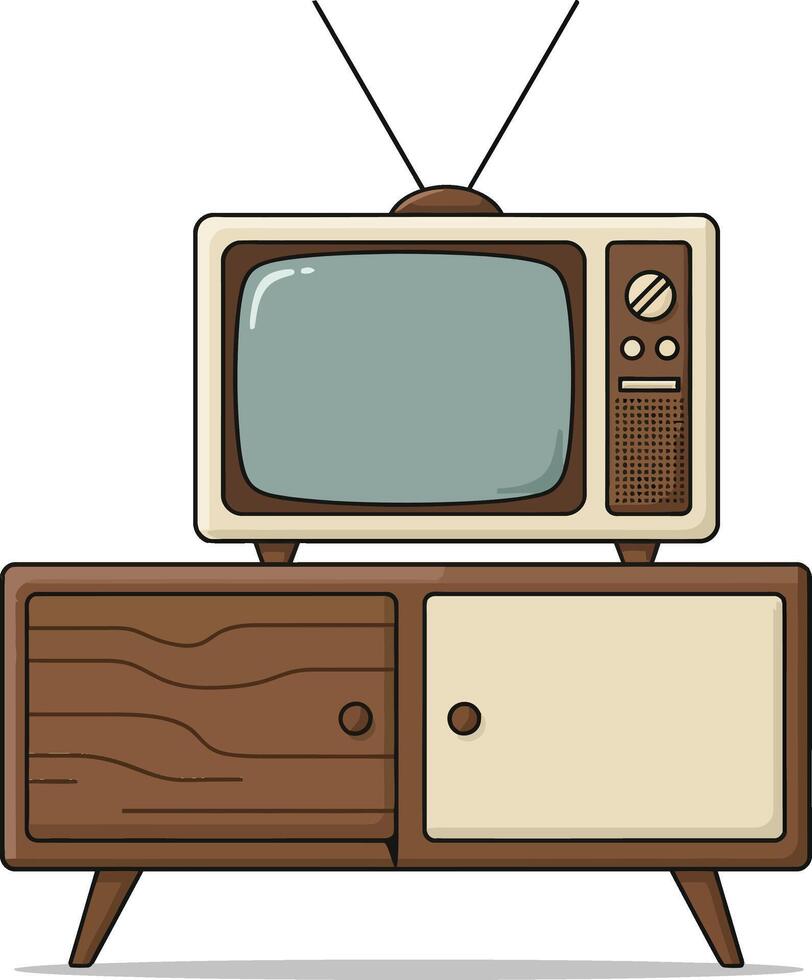 Retro vintage television set with antenna on mid century wooden cabinet furniture illustration vector