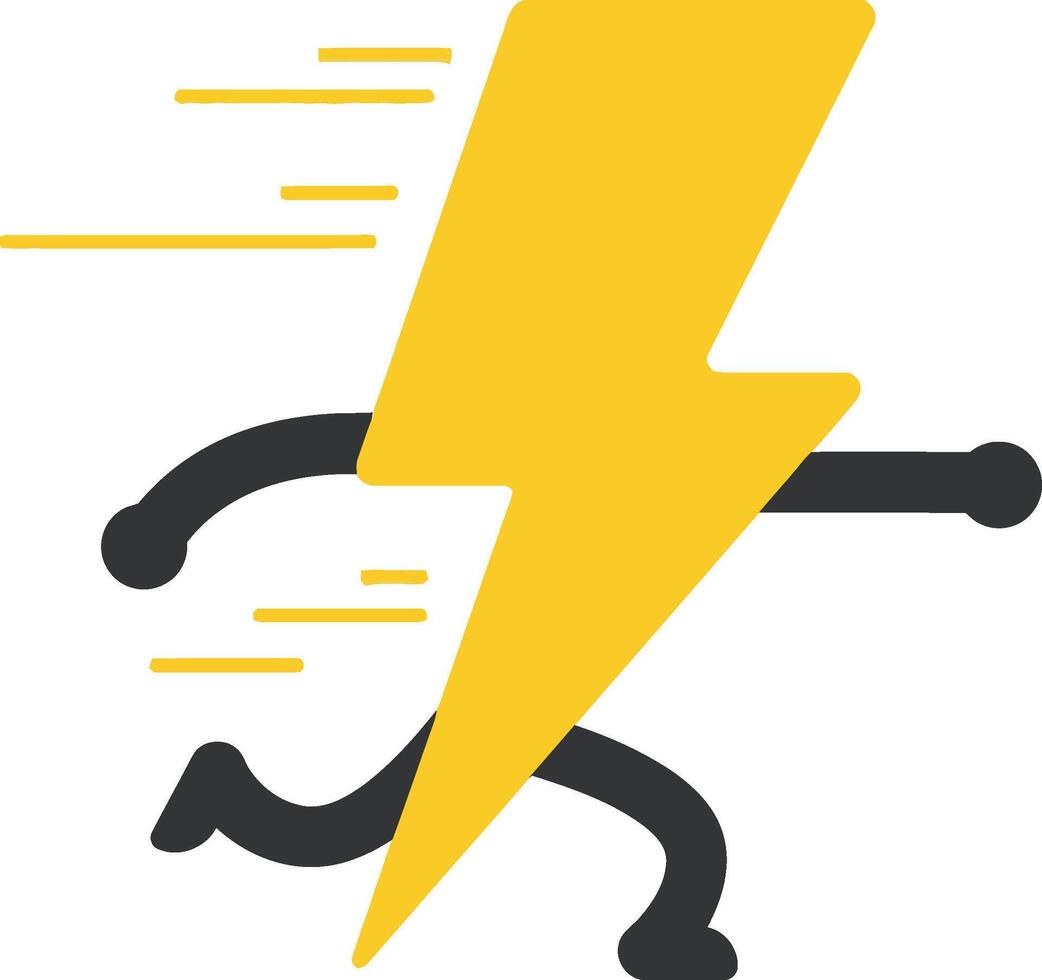 Lightning bolt with running stick figure symbolizing fast speed and energy in yellow and black illustration vector