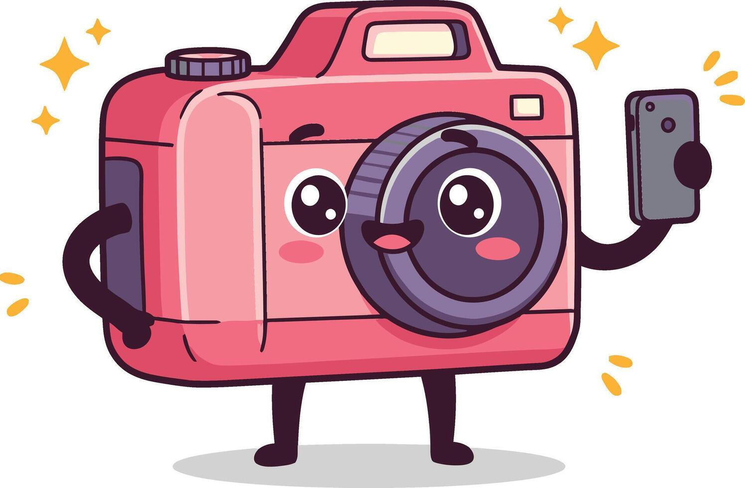 Cute pink camera character taking selfie with smartphone illustration in kawaii style vector