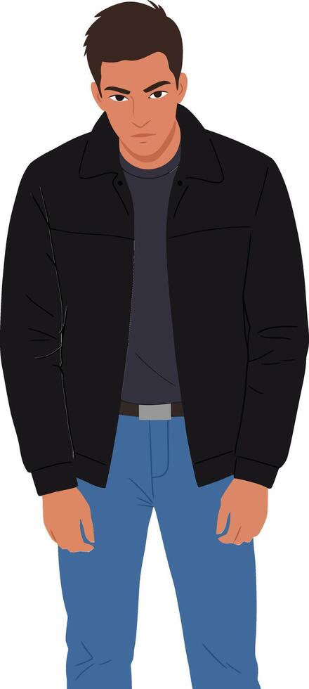 Young man standing with serious expression wearing black jacket and blue jeans illustration vector