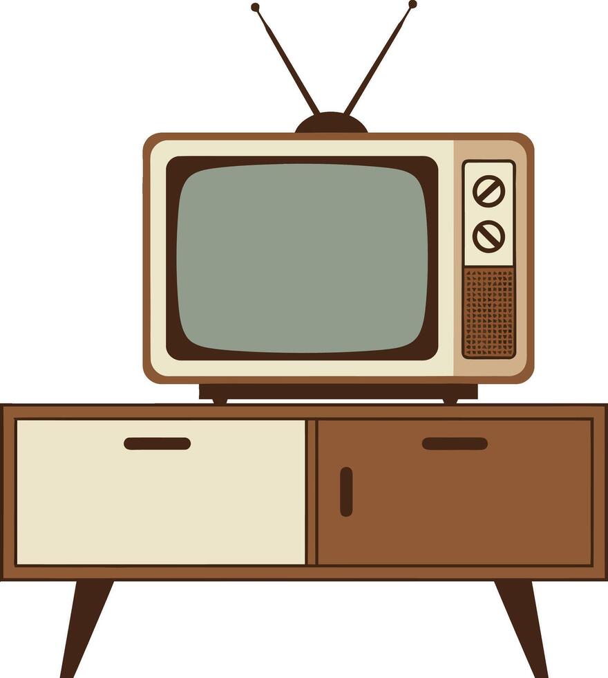 Vintage television set on mid century modern wooden cabinet with antennas illustration vector