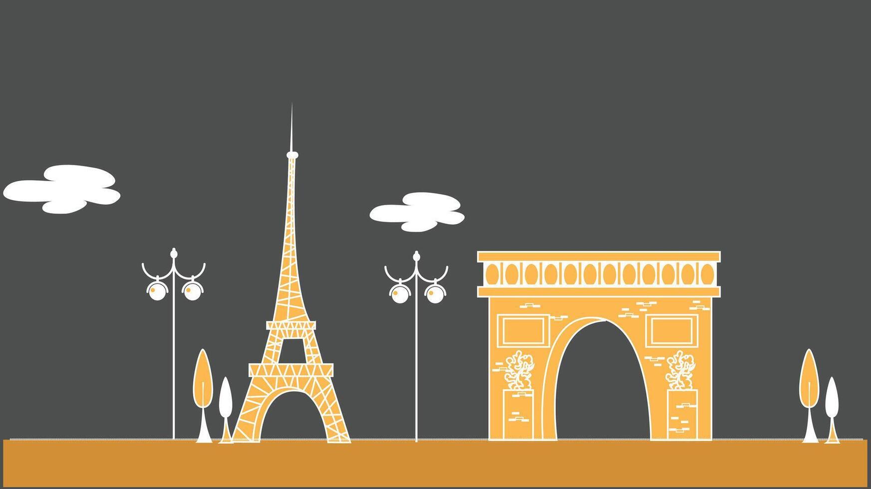 Sketch style illustration of Paris streets at night featuring the Eiffel Tower and Arc de Triomphe. City lights, detailed buildings, and nighttime ambiance vector