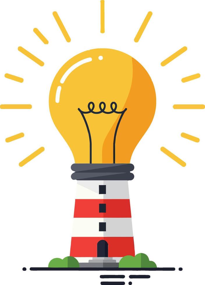 Lighthouse with glowing yellow light bulb symbolizing bright ideas and guidance illustration vector
