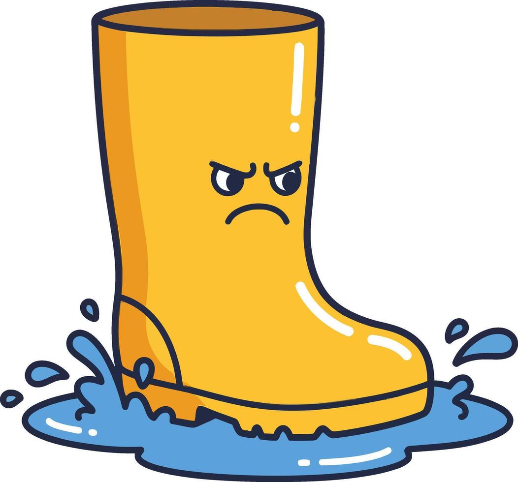 Angry yellow rain boot splashing in blue water puddle cartoon illustration vector