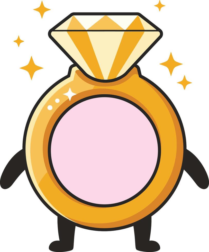 Diamond engagement ring character with sparkling golden gemstone and cute arms and legs illustration vector