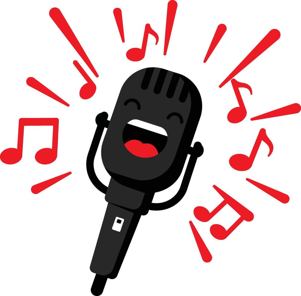 Singing microphone with musical notes and joyful expression illustration for music and entertainment design vector