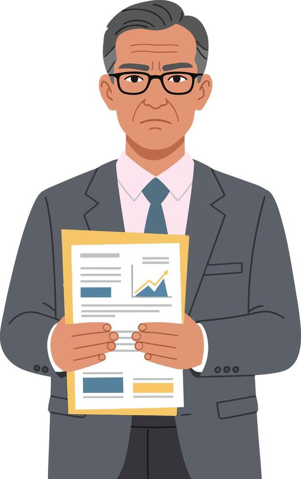 Mature businessman holding business report with charts and graphs in formal suit and glasses standing serious vector