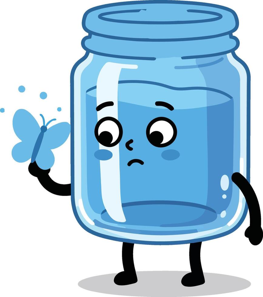 Blue glass jar character with sad face holding blue butterfly illustration vector