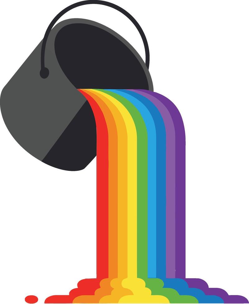 Rainbow paint pouring from black bucket illustration with vibrant colors and smooth flow design vector