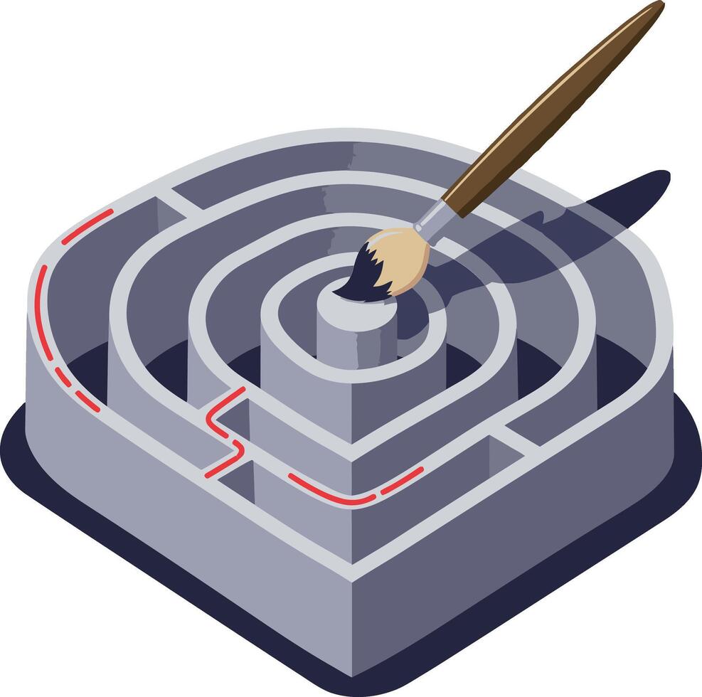 Maze puzzle with paintbrush creating colorful path in three dimensional design illustration vector