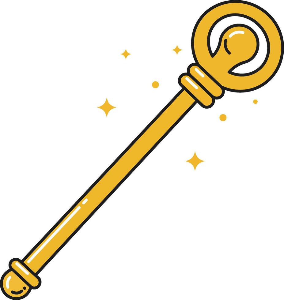 Magic wand with glowing golden stars fantasy object for wizard and magician accessory illustration vector