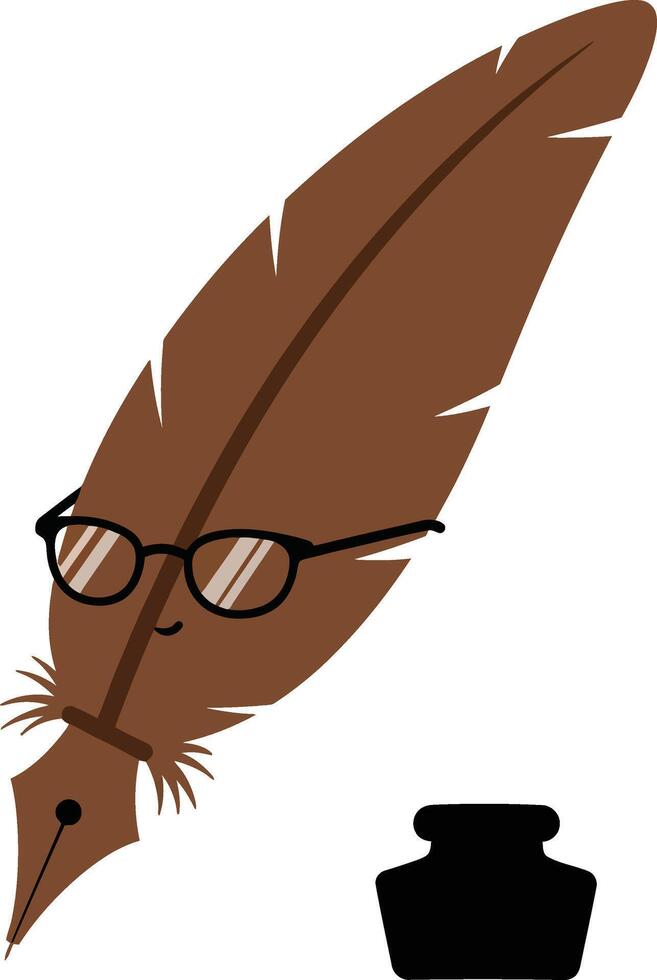 Brown quill feather with glasses and ink bottle vintage writing tool illustration vector