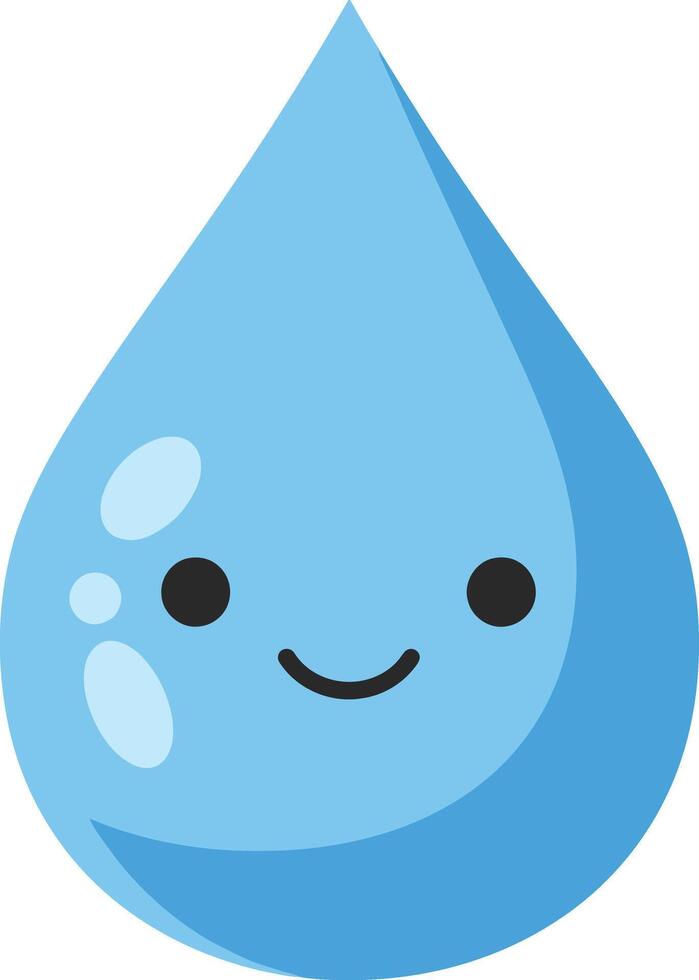 Cute blue water drop cartoon character smiling with shiny highlights illustration vector