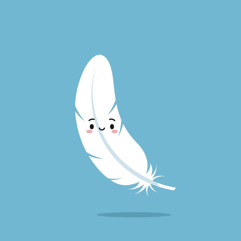 White Feather Cute Smiling Cartoon Character on Blue Background Illustration vector