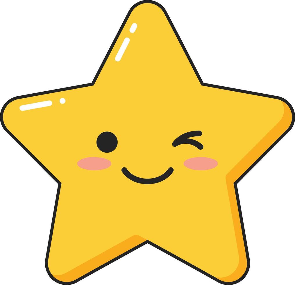 Cute yellow smiling star winking face cartoon illustration with pink cheeks and shiny accents vector