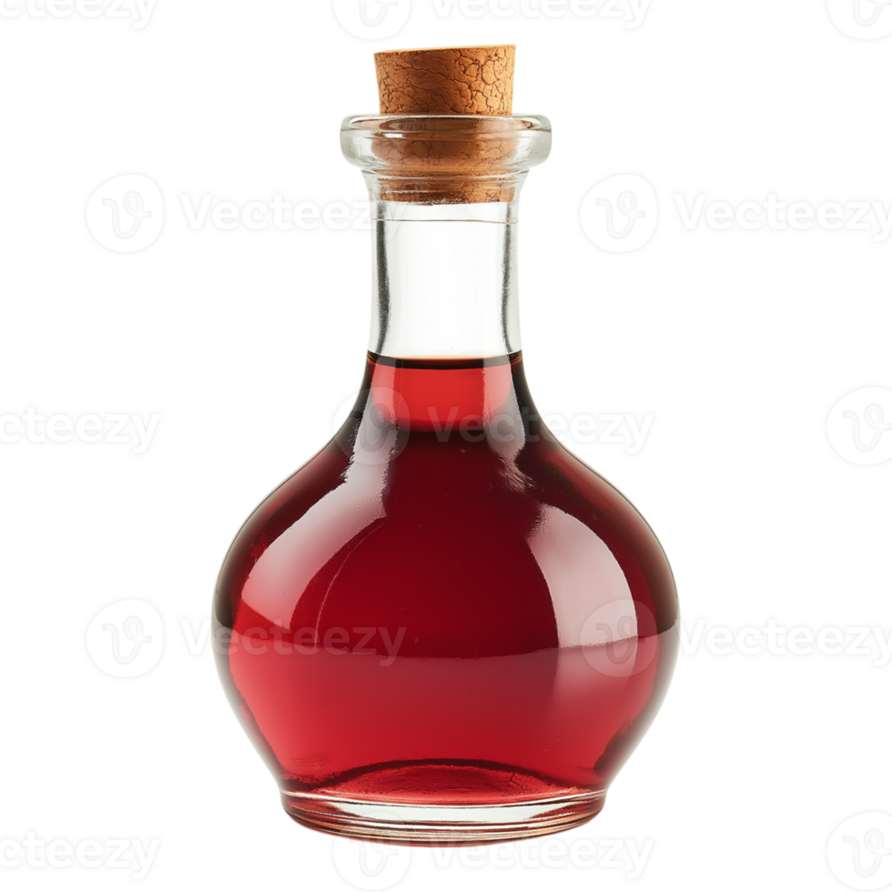 A bottle of red liquid with a cork on top png