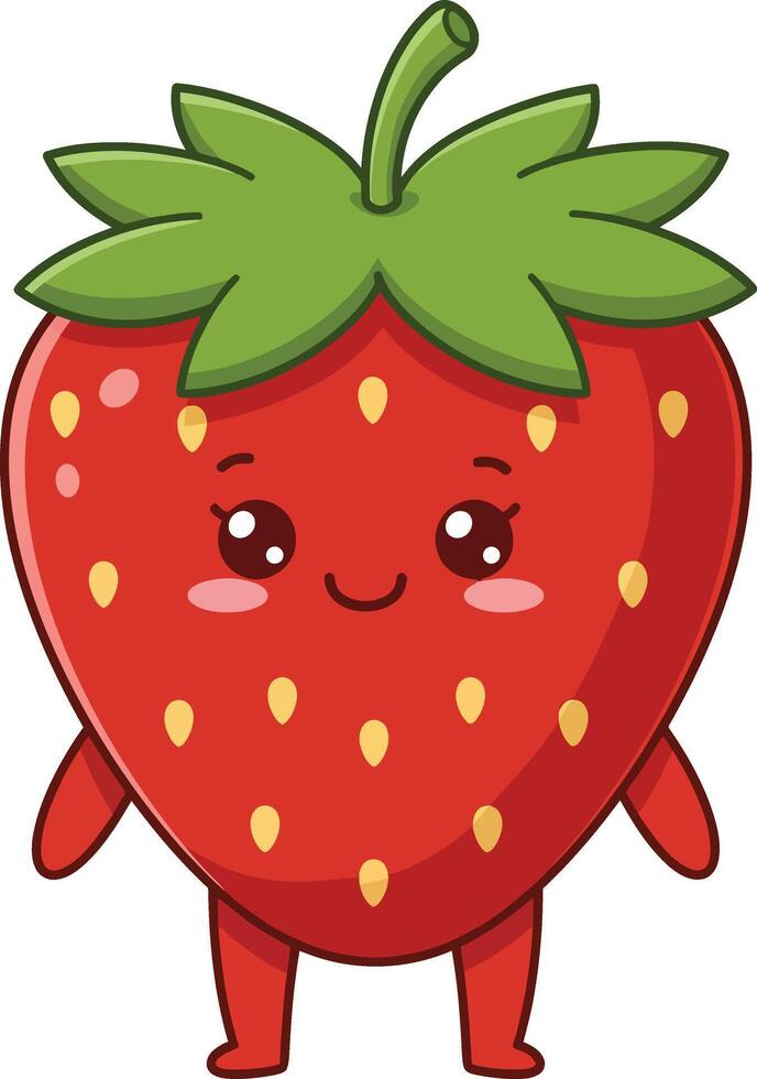 Cute happy strawberry character with green leaves and smiling face illustration vector