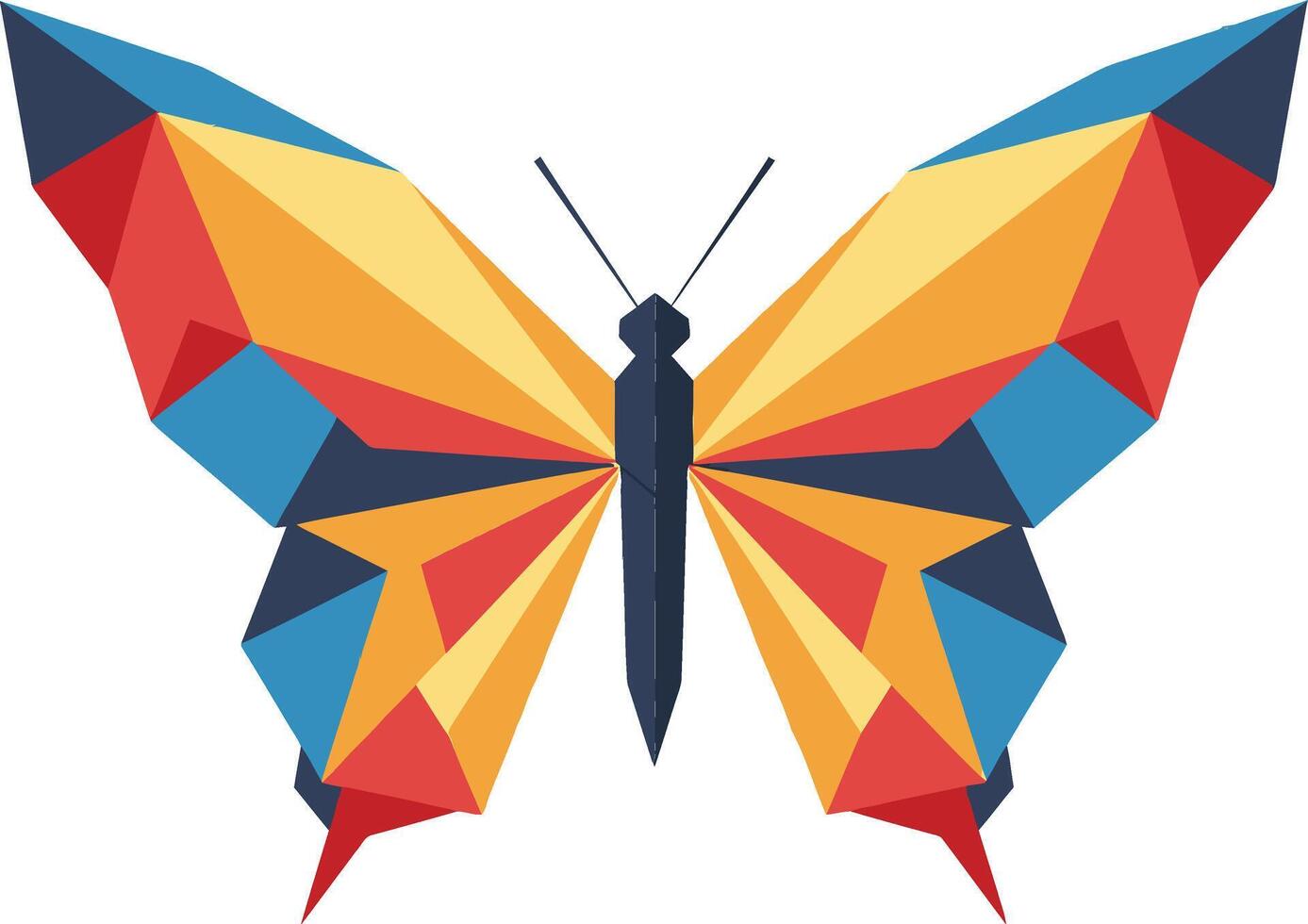 Polygonal butterfly with geometric orange blue and red shapes in symmetrical wing design vector