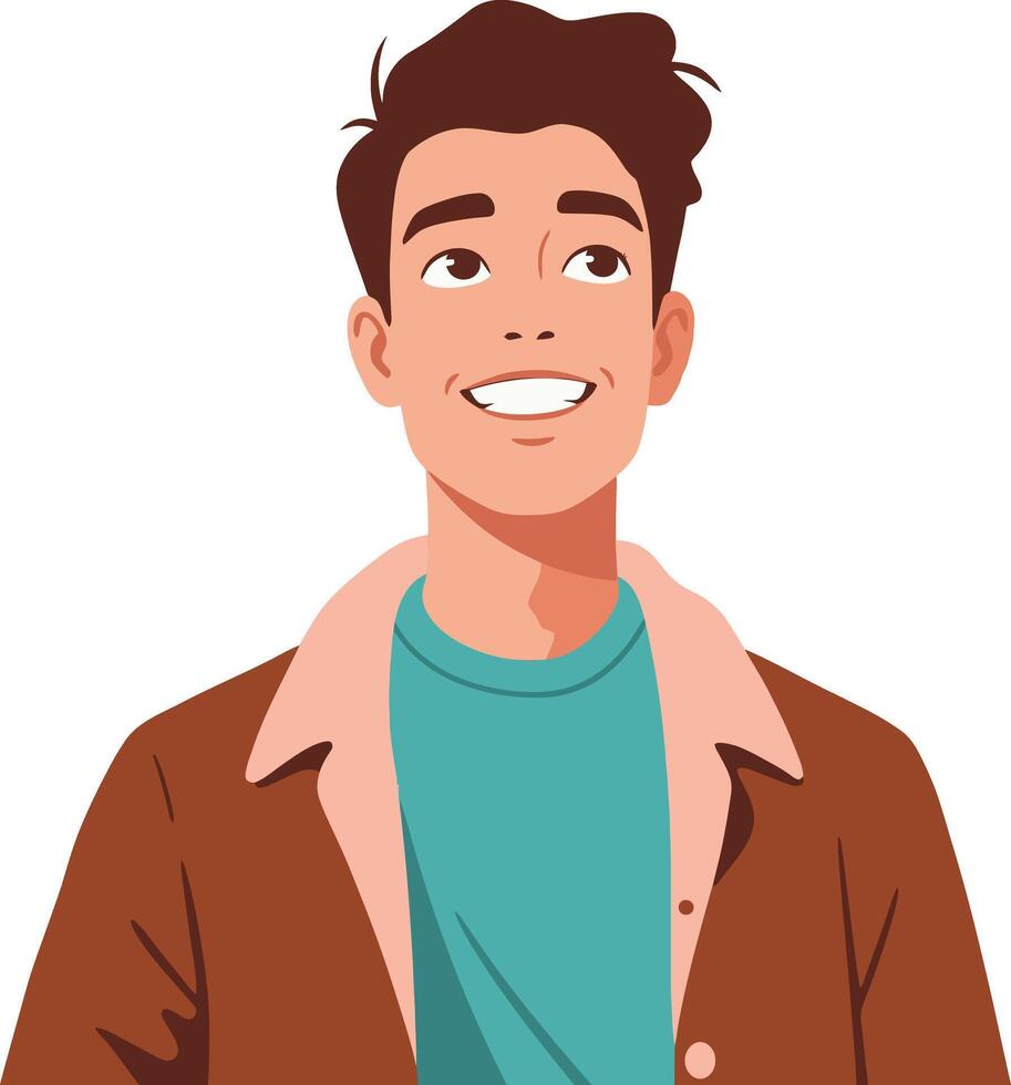 Smiling young man looking up wearing teal shirt and brown jacket illustration portrait vector