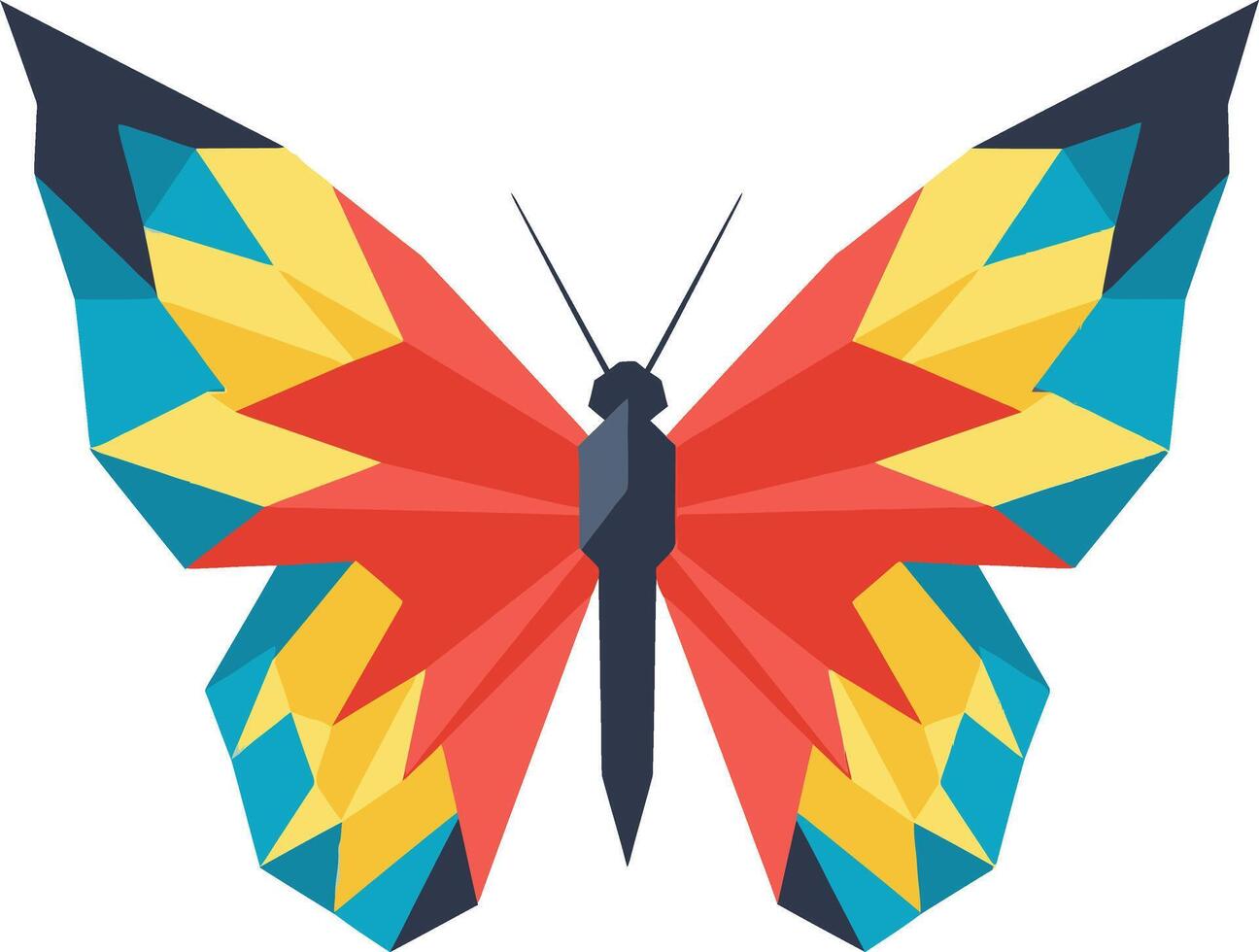 Colorful butterfly with geometric wings illustration in red yellow and blue shades symmetrical design for nature graphics vector