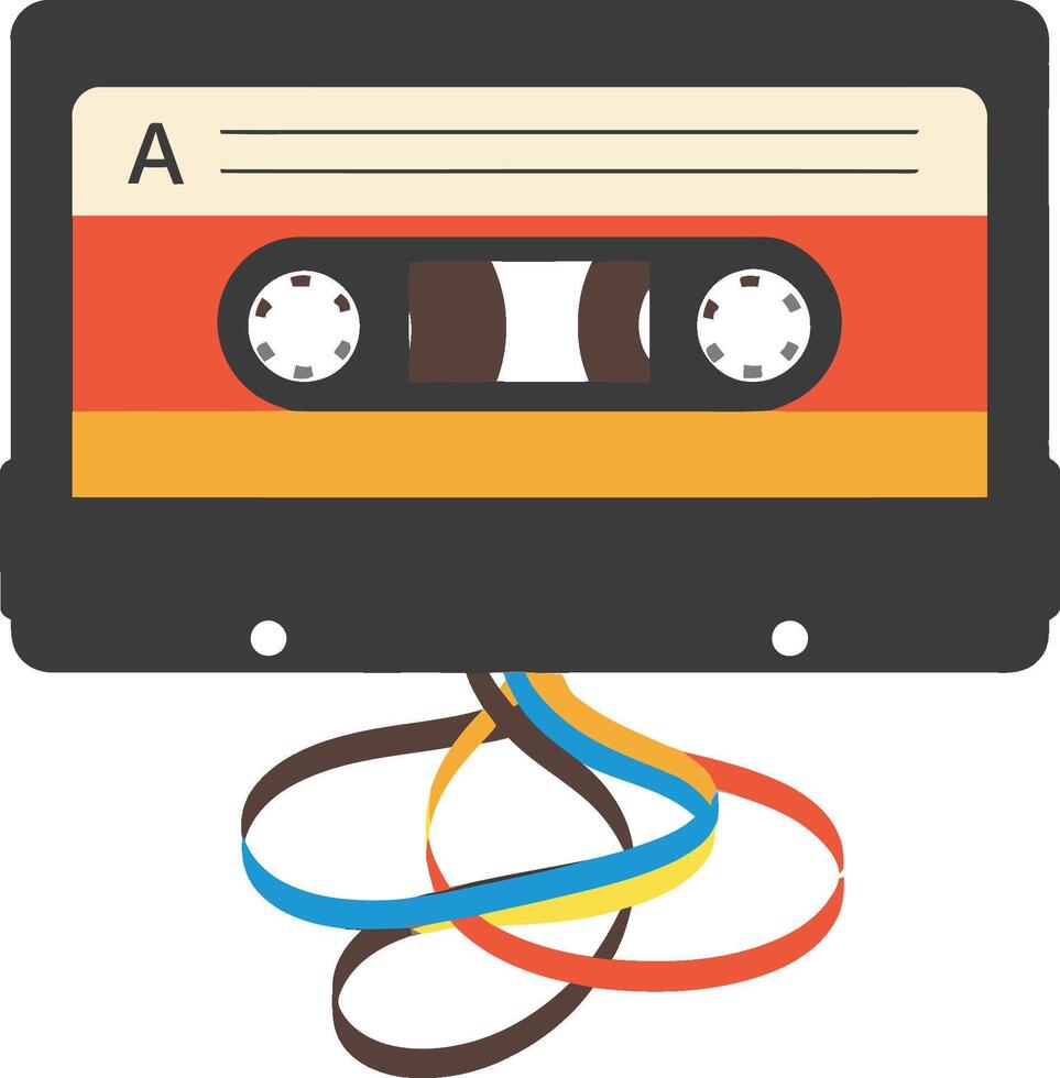 Vintage audio cassette tape with colorful tangled magnetic tape illustration vector