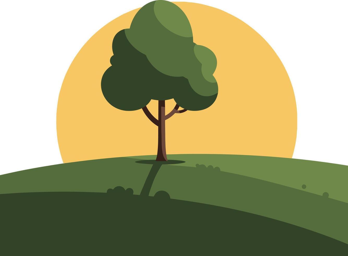 Single green tree on hill with yellow sun background natural landscape illustration vector