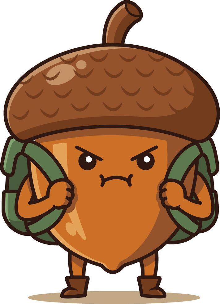 Acorn character with backpack standing angry expression cute forest nature illustration vector