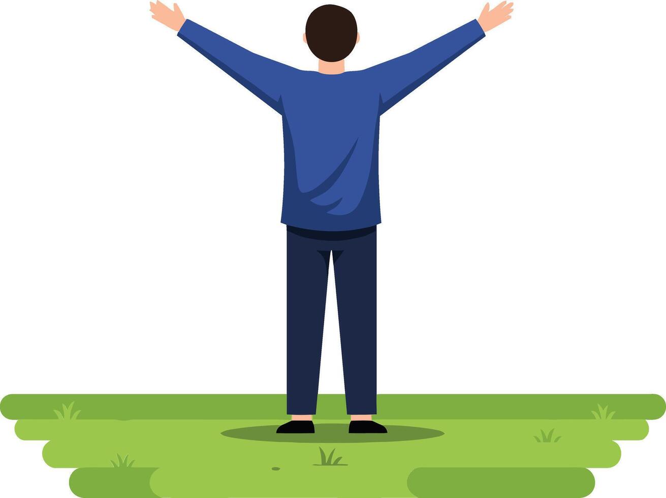 Person standing on green grass with arms raised in blue shirt and dark pants illustration vector