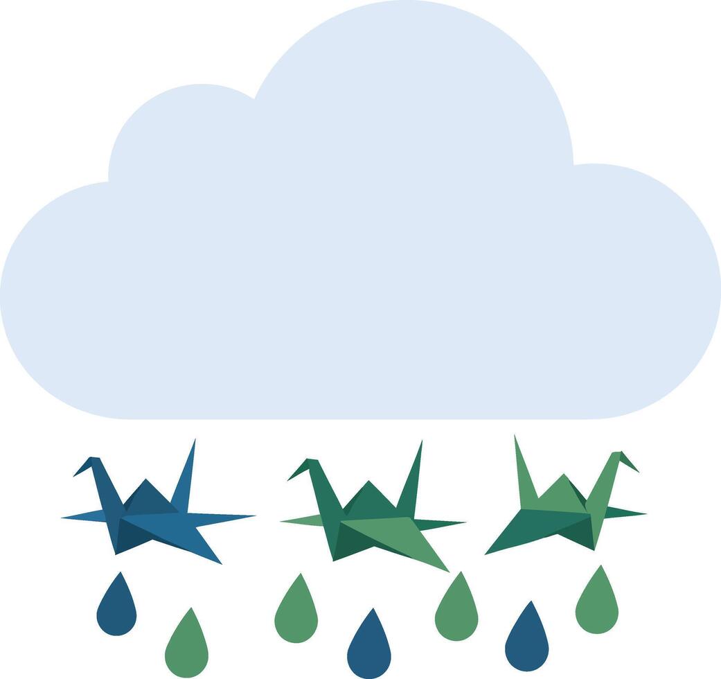 Origami birds raining drops under light blue cloud illustration with minimalist nature theme vector