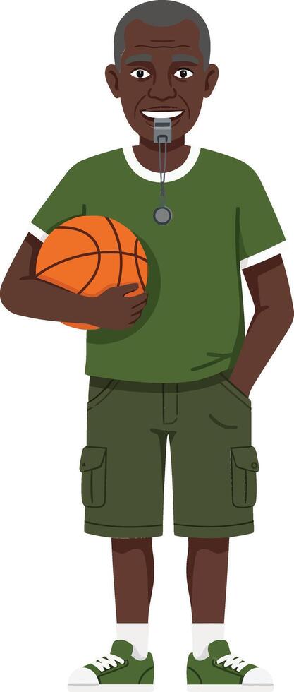 African American boy holding basketball in green outfit standing smiling illustration vector