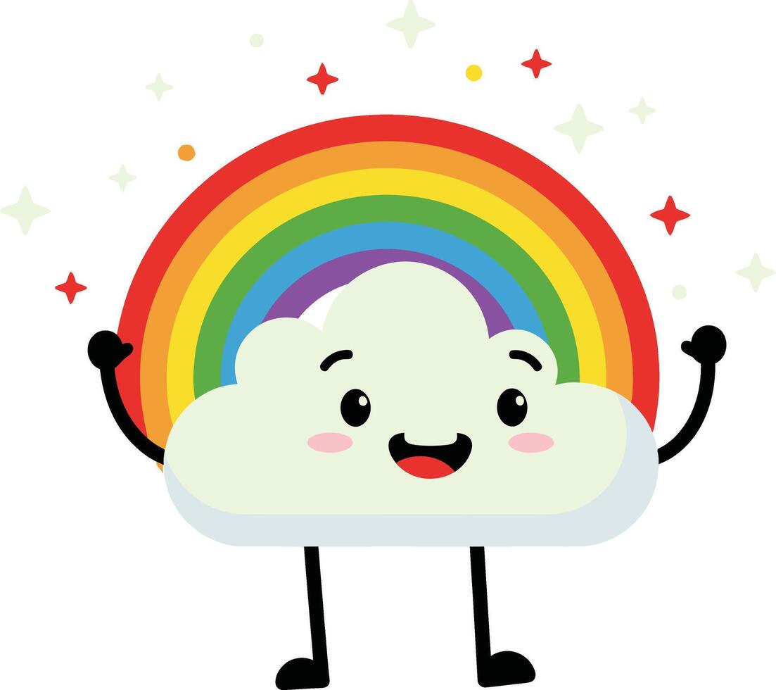 Cute smiling cloud character with colorful rainbow and sparkling stars illustration in cheerful style vector