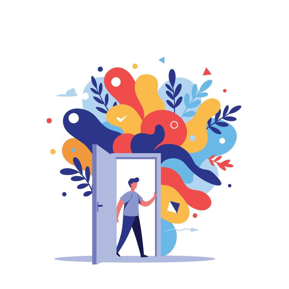 Person walking through door with colorful abstract shapes and leaves illustration vector