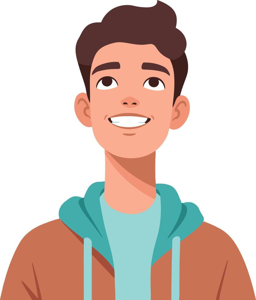 Smiling young man with brown hair wearing teal hoodie and brown jacket looking upward cheerful expression illustration vector