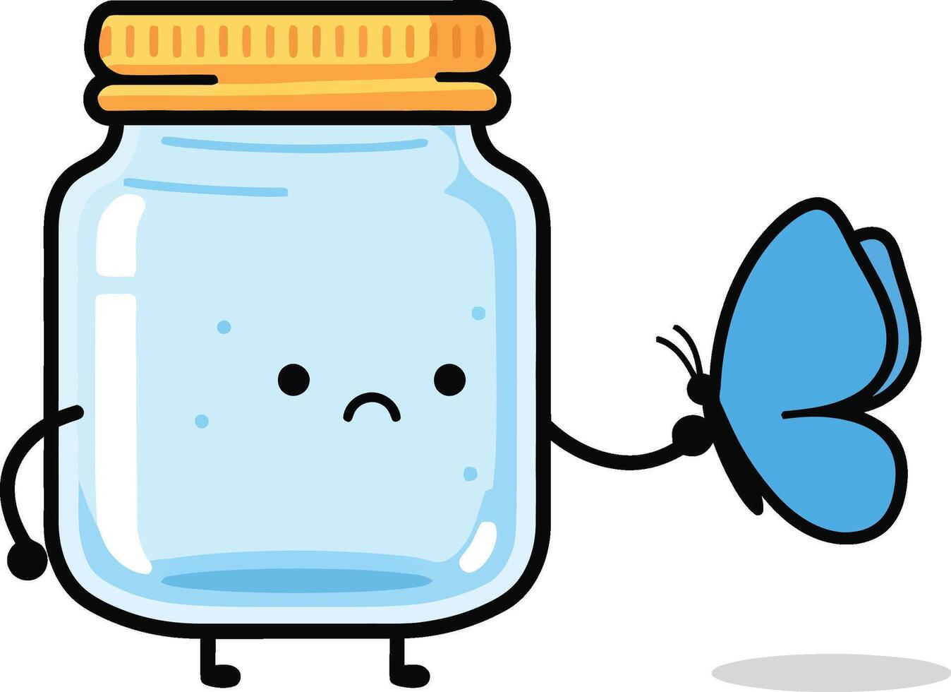 Sad glass jar character holding blue butterfly illustration with simple cartoon style and minimal background vector