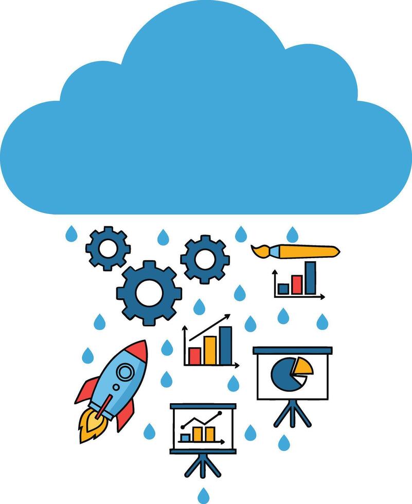 Cloud computing concept with data charts rocket gears and paintbrush illustration for business and technology ideas vector