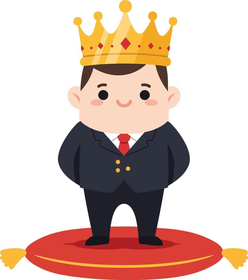 Boy wearing golden crown standing on red carpet in suit and tie illustration vector