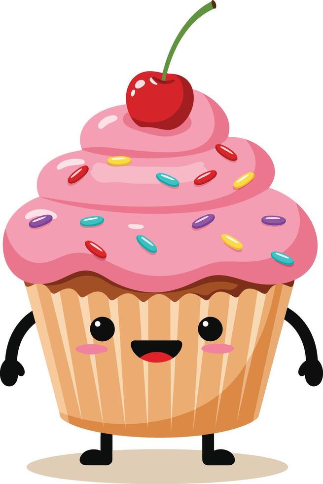 Cute pink frosted cupcake with cherry on top and colorful sprinkles illustration design vector