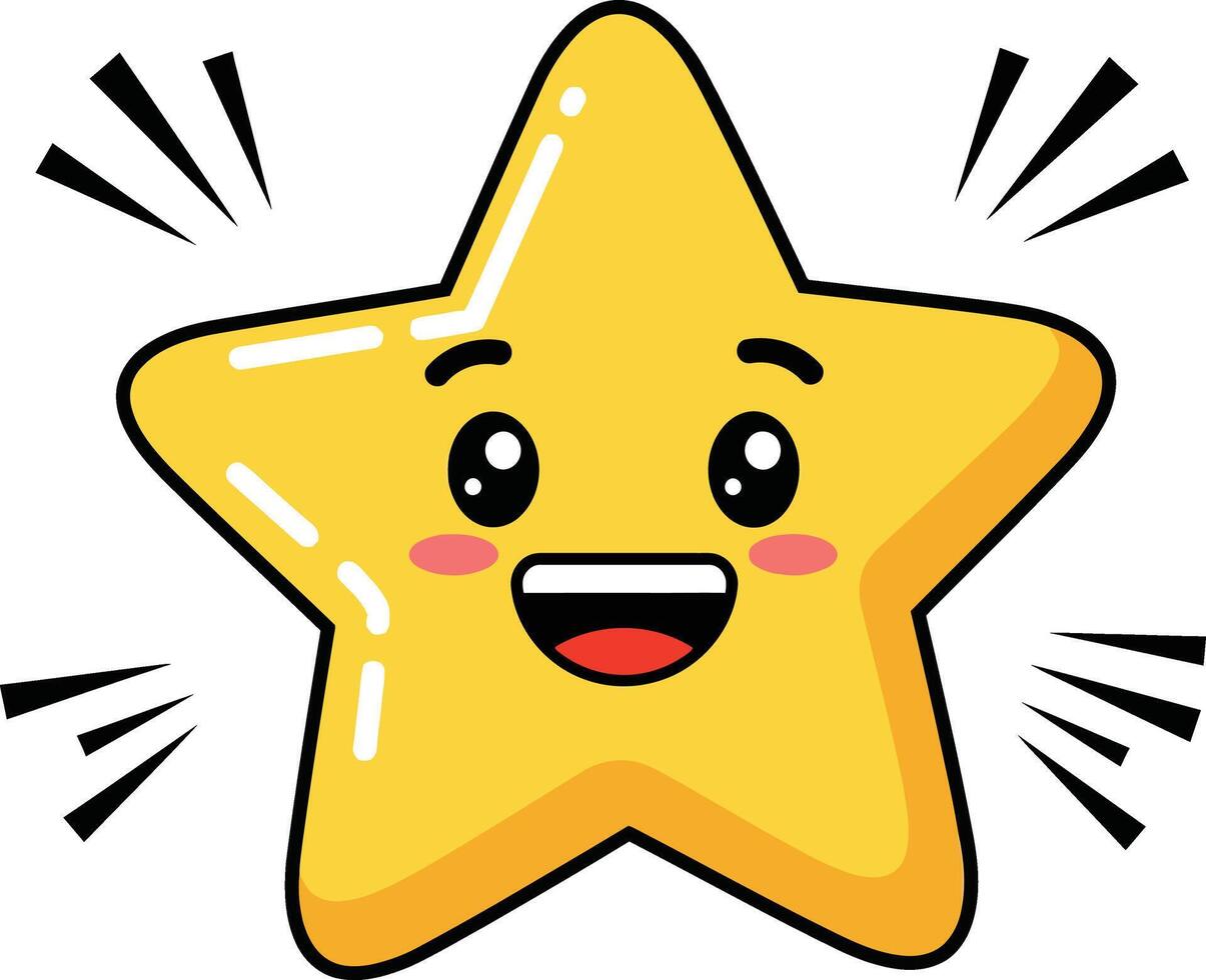 Smiling yellow star cartoon character with happy expression and shining rays illustration vector