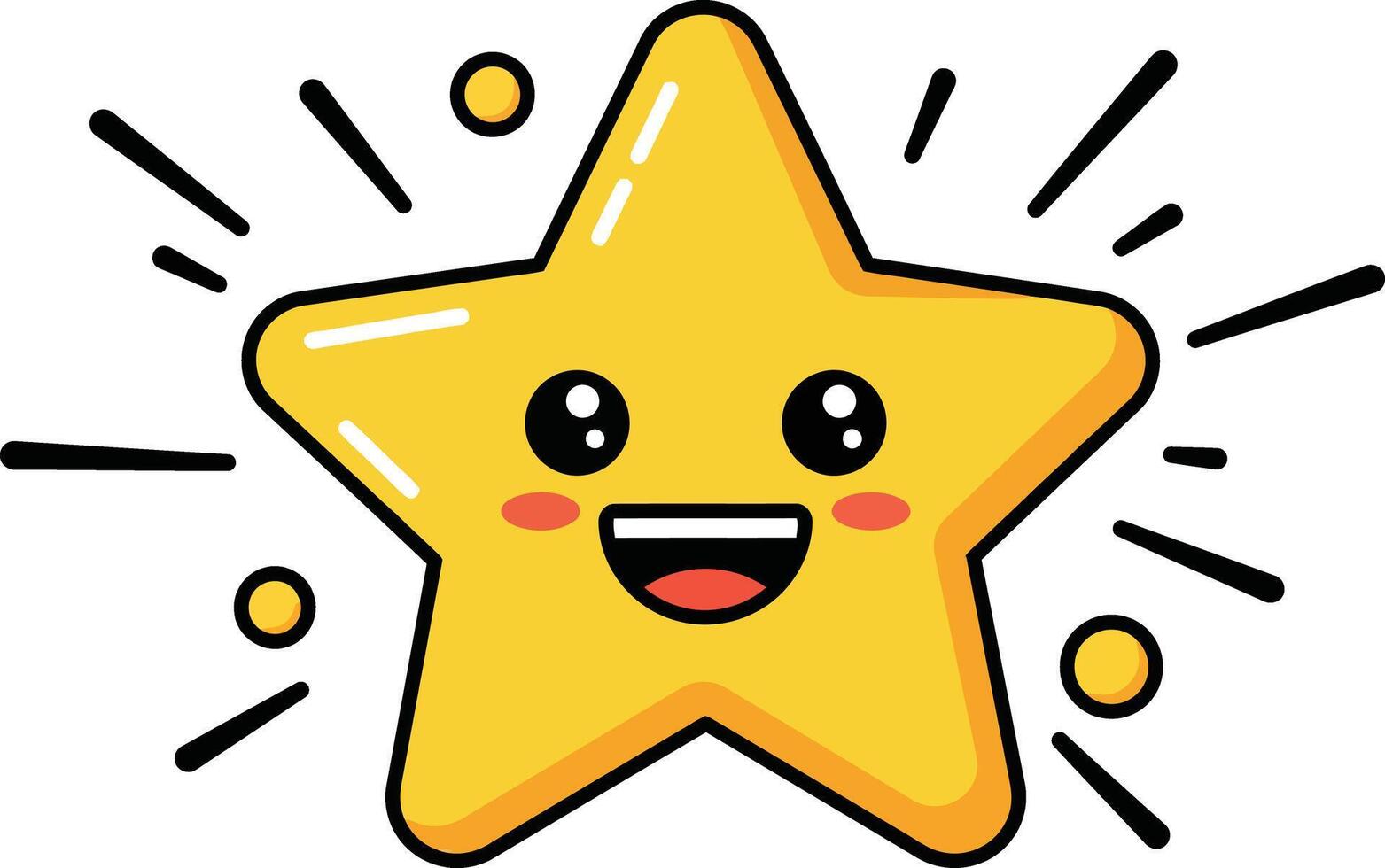 Happy yellow star cartoon character with shining rays and smiling face illustration vector