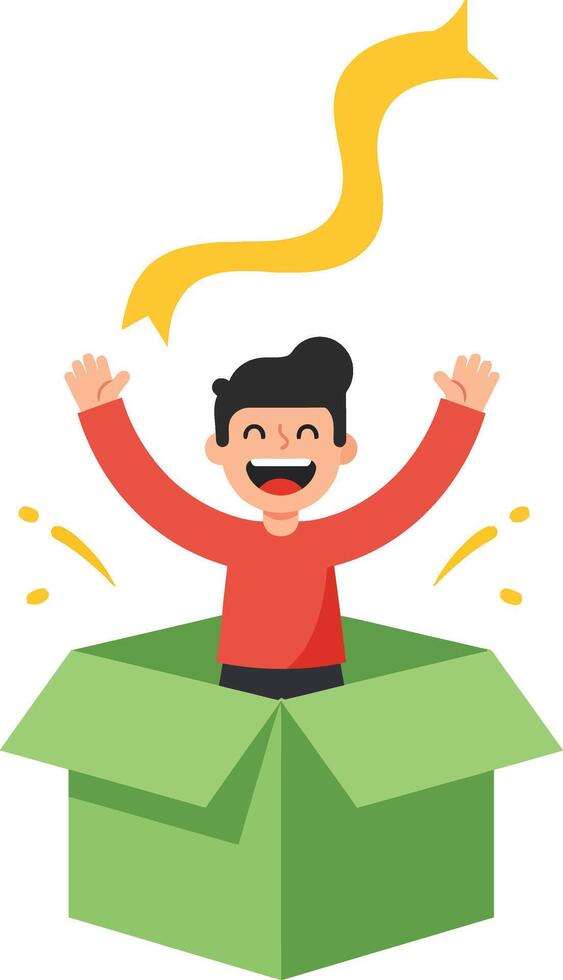 Boy jumping out of green box with yellow ribbon celebrating happiness and surprise illustration vector