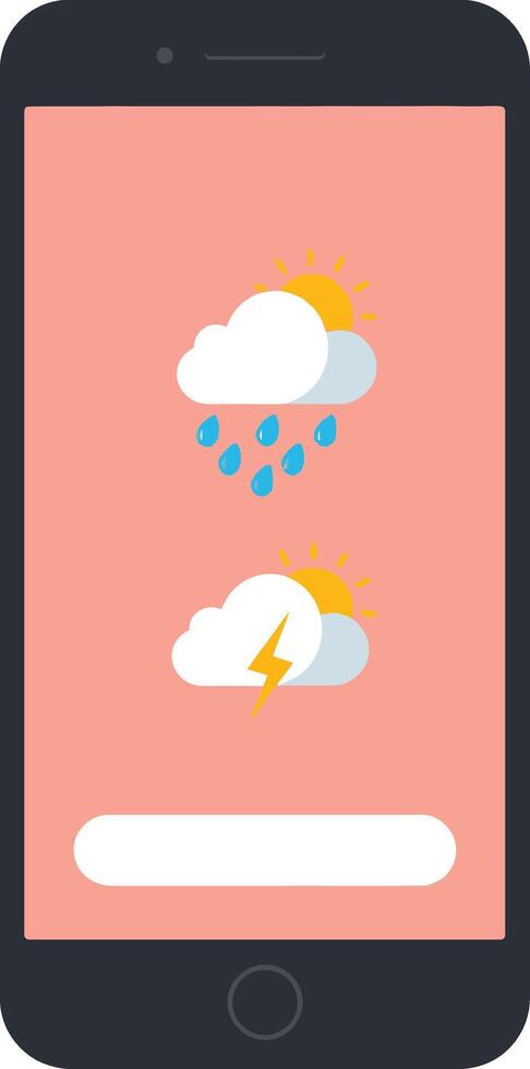 Smartphone displaying weather forecast icons with rain and thunderstorm symbols in flat style vector