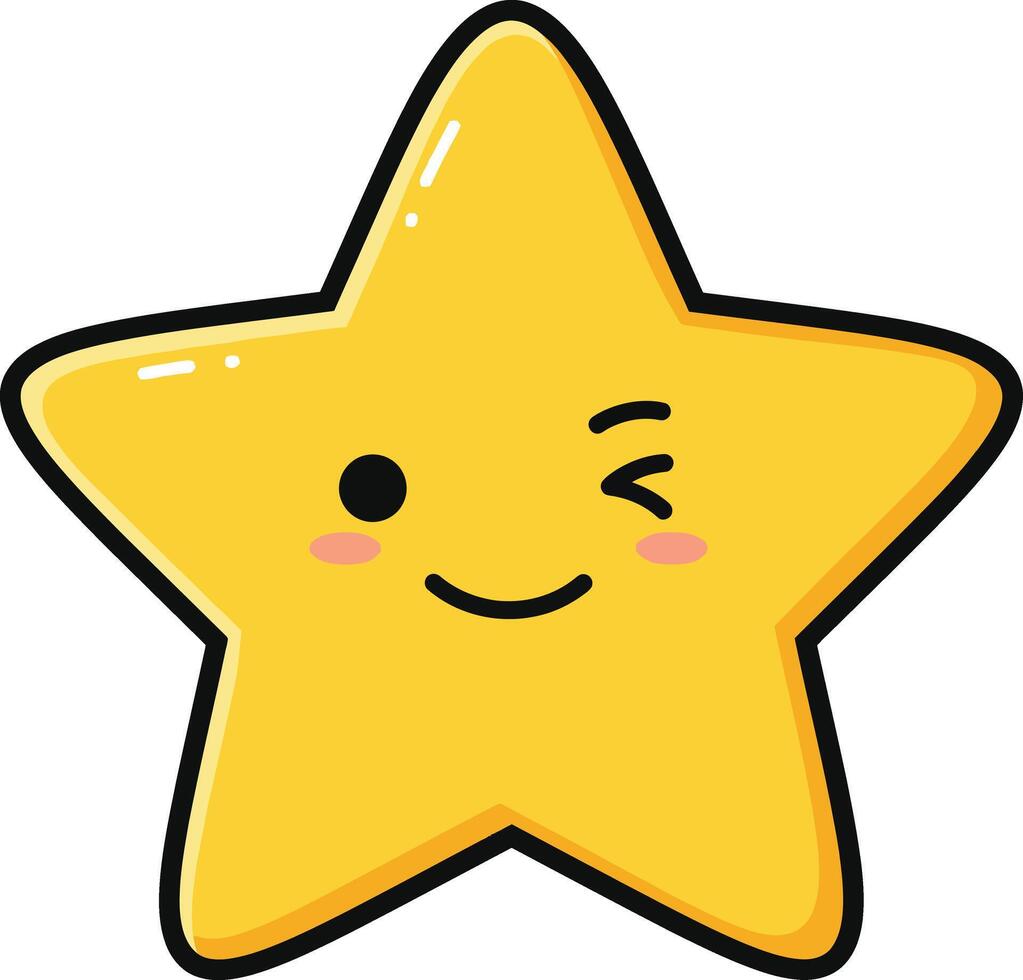 Cute winking yellow star cartoon character with smiling face illustration vector