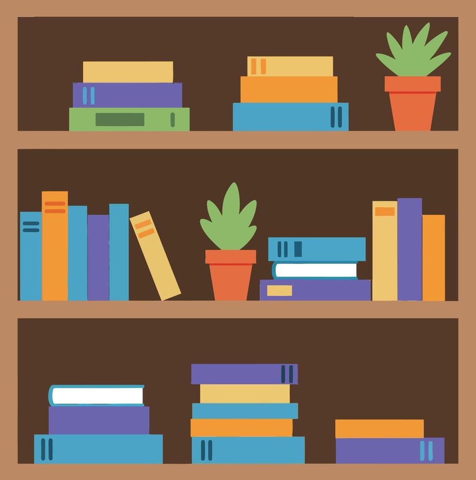 Bookshelf with colorful books and green potted plants in flat style illustration design vector