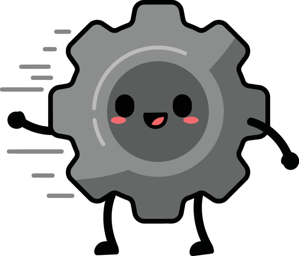 Happy cartoon gear with motion lines and smiling face in simple style vector