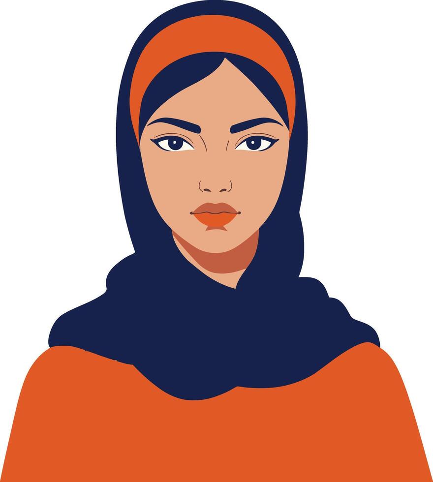 Woman wearing navy blue and orange hijab with matching top illustration portrait design vector