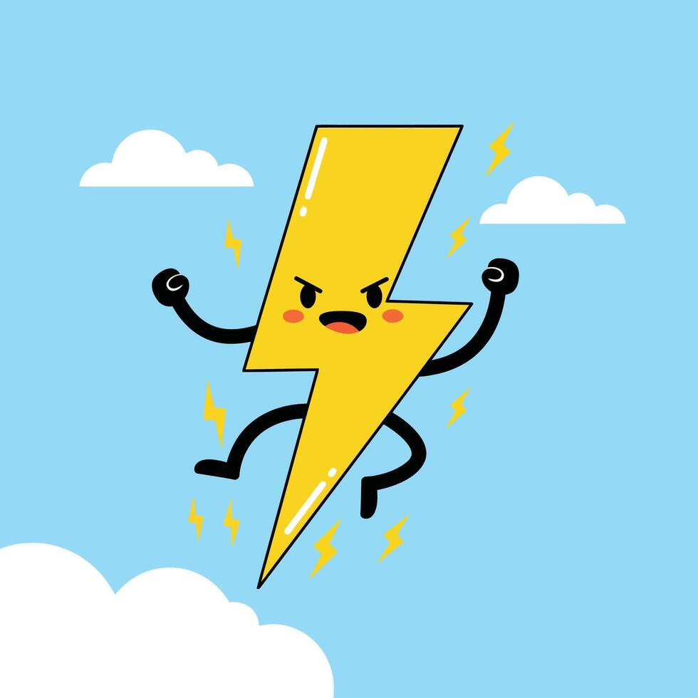 Angry cartoon lightning bolt character with yellow color and blue sky background illustration vector