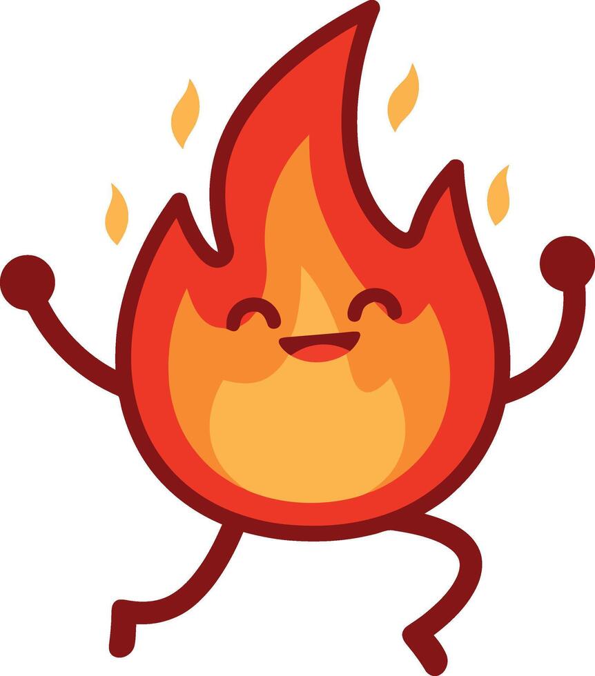 Happy cartoon fire flame character jumping with joy and smiling illustration vector